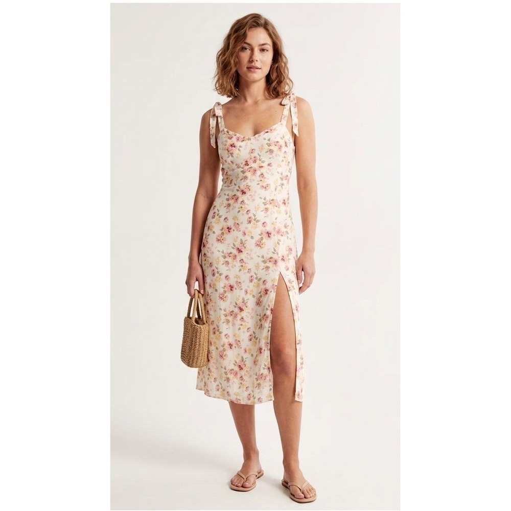 Abercrombie & Fitch Emerson Midi Dress Tie-Strap Floral Cream Size Small Tall